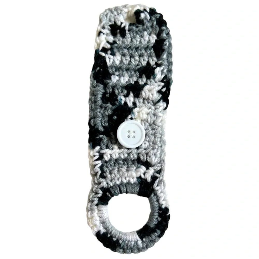 HAND CRAFTED Colorful Crocheted Black & Gray Reusable Button Towel Holder Hanger